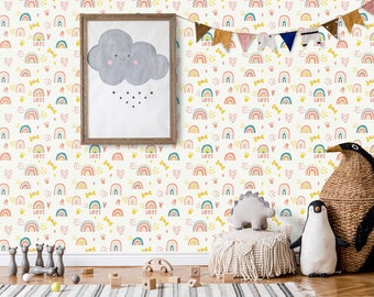 Cute Rainbow and Heart Wallpaper Nursery Wall Mural Peel and Stick Easy Removable Self Adhesive Kids Wallpaper Child Room Wallpaper