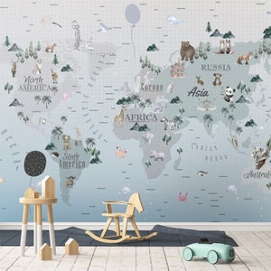 Tiere Weltkarte für Kinder Tapete Peel and Stick Leicht abnehmbar selbstklebend Kinderzimmer Tapete Kinderzimmer Wandbild