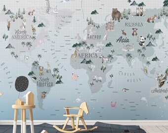Animals World Map for Kids Wallpaper Peel and Stick Easy Removable Self Adhesive  Child Room Wallpaper Nursery Wall Mural