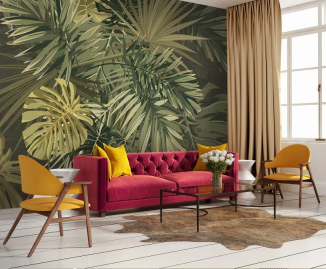 Green Tropical Palm Leaf Wallpaper: Peel and Stick Wall Mural - Etsy
