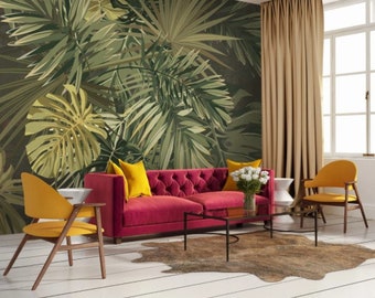 Green Tropical Palm Leaves Wallpaper Leaves Palm Wall Mural Peel and Stick Wall Art Easy Removable Vintage Watercolor Fllowers Wallpaper