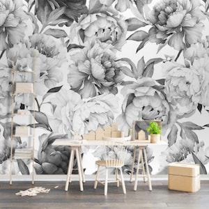 Peony Flowers Wallpaper Kids Black and White Peony Floral Wall Mural ...