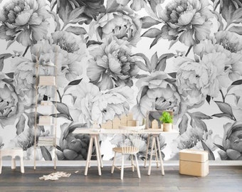 Peony Flowers Wallpaper Kids Black and White Peony Floral Wall Mural Nursery Peel and Stick Wall Art Easy Removable Pattern Wallpaper