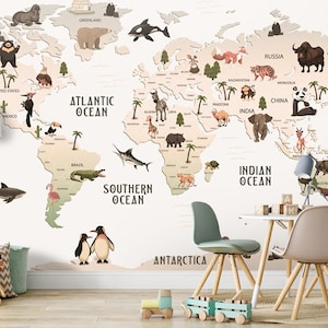 Weltkarte Kinder Wallpaper Peel and Stick Heißluftballons Karte abnehmbare selbstklebend Kinderzimmer Tapete Kinderzimmer Wandbild Tiere Karte