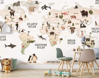 World Map Kids Wallpaper  Peel and Stick Hot air Balloons Map Removable Self Adhesive Child Room Wallpaper Nursery Wall Mural Animals Map