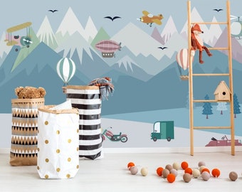 Blue Color Mountain Kids Wallpaper Hot Air Balloons Wall Mural Peel and Stick Easy Removable Self Adhesive Kids  Child Room Wallpaper