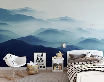 Blue Mountain Nursery Wall Mural,  Peel and Stick Easy Removable Self Adhesive, Kids Wallpaper, Child Room Traditional Wallpaper