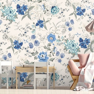 Blue Floral Wallpaper: Vintage Watercolor Peel and Stick Wall Mural