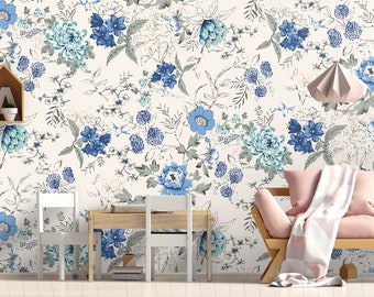 Watercolor Floral Wallpaper Blue Flowers Wall Mural Peel and Stick Wall Art Easy Removable Vintage Watercolor Fllowers Wallpaper