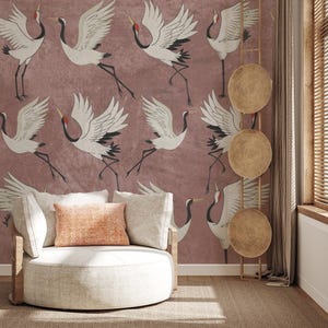 Papel pintado de grullas estilo chinoiserie: mural floral asiático vintage, papel pintado extraíble