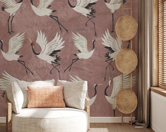 Pink Elegant Chinoiserie Crane Birds Wallpaper – Vintage Asian Floral Mural for Home Décor, Removable Wallpaper, Self Adhesive Wallpaper