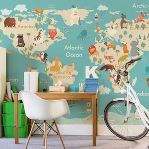 Weltkarte KinderTapete Schälen und Stick Cut Tiere Karte abnehmbar selbstklebend Kinderzimmer Tapete Kinderzimmer Wand trendy Kinderzimmer