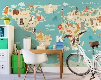 World Map Kids Wallpaper  Peel and Stick Cut Animals Map Removable Self Adhesive Child Room Wallpaper Nursery Wall Trendy Child Room
