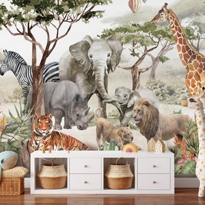 Carta da parati con animali da safari nella giungla, per la stanza dei bambini, da staccare e attaccare, motivo facilmente rimovibile, per la stanza dei bambini