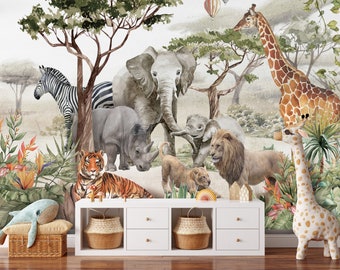 Jungle Safari Animals Wallpaper  Children Room Wall Mural Peel and Stick Wall Art Easy Removable Pattern Baby Kids Room