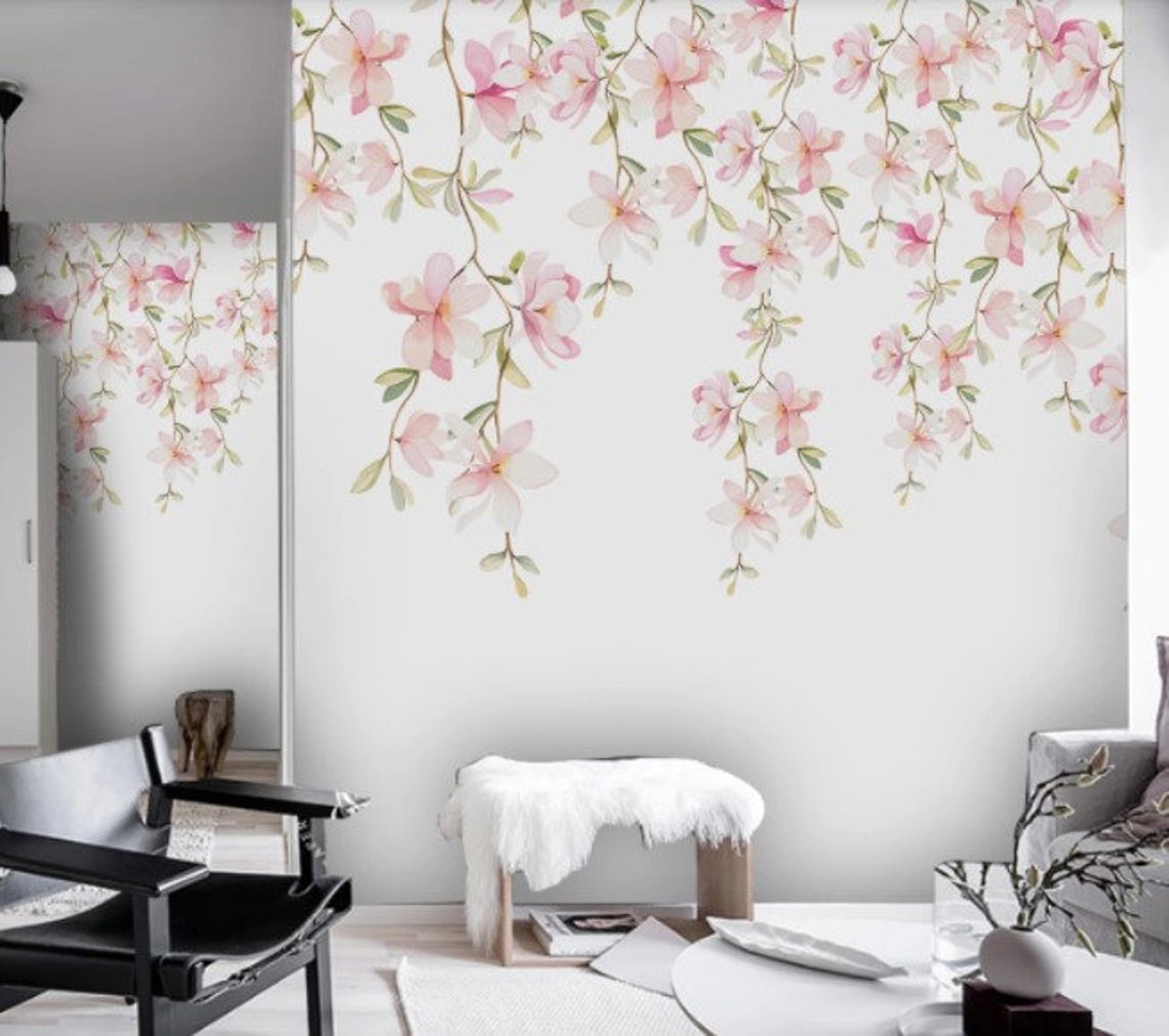 Watercolor Pink Flowers Wallpaper: Peel and Stick Floral Wall Mural - Etsy