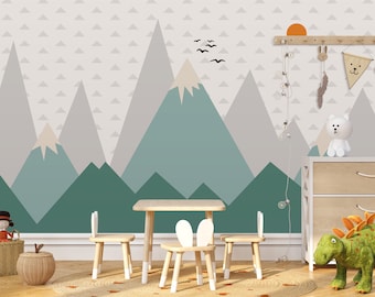 Green Mountain Nursery Wall Mural Sun and Birds Wallpaper Peel and Stick Easy Removable Self Adhesive Kids Wallpaper Child Room Wallpaper