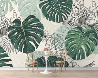 Green Palm Leaves Wallpaper Botanical Palm Leafs  Wall Mural Peel and Stick Wall Art Removable Vintage Leaf Wallpaper