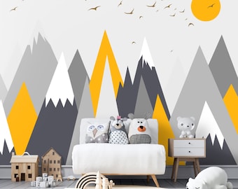Mountains and Sun Bird Peel and Stick Easy Removable Self Adhesive Kids Wallpaper Grey Background Child Room Wallpaper Nursery Wall Mural