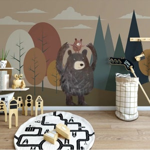 Peel and Stick Easy Removable Self Adhesive Kids Wallpaper Mountains and Bear Child Room Wallpaper Nursery Wall Mural