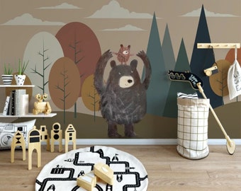 Peel and Stick Easy Removable Self Adhesive Kids Wallpaper Mountains and Bear Child Room Wallpaper Nursery Wall Mural