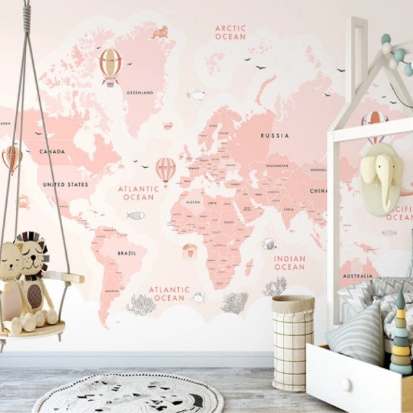 Roze Kleur Wereldkaart Kinderen Wallpaper Peel en Stick Map Verwijderbare Zelfklevende Child Room Wallpaper Kwekerij Muurschildering Dieren Kaart