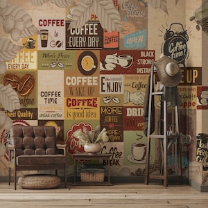 Cafe Shop Coffee Wallpaper: Customizable Peel & Stick Wall Mural