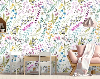 Colorful Floral Wallpaper Peel and Stick Wall Art Easy Removable Pattern Wallpaper Watercolor Flowers Seamless Watercolor Pattern Wall Mural