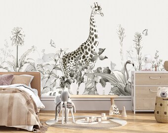 Kids Safari Jungle Animals Wallpaper, Removable Wallpaper, Peel and Stick Wallpaper Wall Paper Wall Mural, Kids Jungle Wall Mural