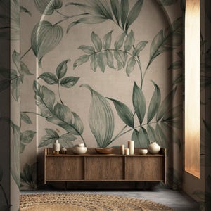 Vintage Leaf Wallpaper - Floral Leaf Wallpaper, Tropical Wall Mural Green Peel and Stick
