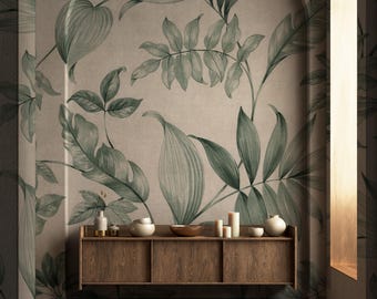 Vintage Leaf Wallpaper – Removable Retro Botanical Wall Mural – Floral Green & Beige Peel‑and‑Stick Vinyl – Self‑Adhesive