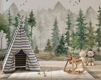 Carta da parati per bambini - Murale con montagne e alberi staccabili e incollabili - Arte autoadesiva da parete per la cameretta dei bambini - Decalcomania della foresta per la decorazione della montagna della cameretta dei bambini