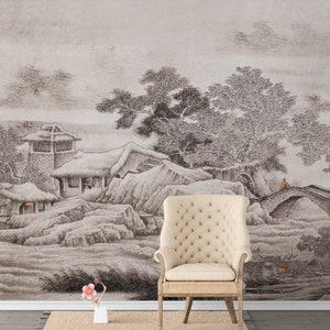 Black and White Landscape Peel and Stick Wallpaper: Living Room Decor