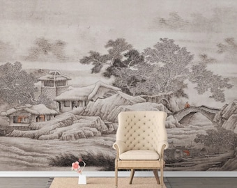 Landscape Peel and Stick Wallpaper, Black White Palm Trees  Removable Wallpaper, Living Room Decor, Bedroom Wall Mural Traditional