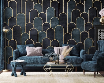 Gold Lines Geometric Art Wallpaper, Minimalist Wall Art, Peel and Stick, Easy Removable, Pattern Wallpaper, Living Room Wall Mural