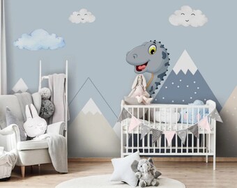 Sky Montain Dinosaur Nursery Wall Mural Peel and Stick Easy Removable Self Adhesive Sky Cloud Kids Wallpaper Child Room Decor