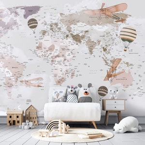 Weltkarte Kinder Tapete Peel and Stick Heißluftballons Karte abnehmbar selbstklebend Kinderzimmer Tapete Kinderzimmer Wandbild Karte