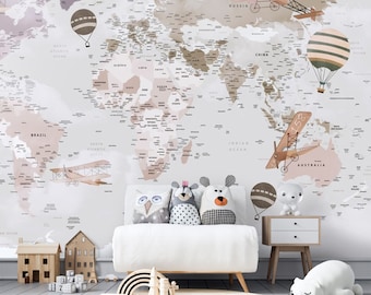 World Map Kids Wallpaper  Peel and Stick Hot air Balloons Map Removable Self Adhesive Child Room Wallpaper Nursery Wall Mural Map