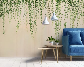 Hanging Green Plants Wallpaper Tropical Flowers Wall Mural Peel and Stick Wall Art Easy Removable Vintage  Wallpaper, Green Home Decor