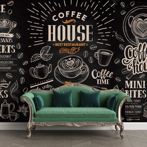 Carta da parati con caffè di colore scuro, carta da parati con caffè personalizzabile, carta da parati del negozio di caffè Carta da parati staccabile e incollabile, carta da parati rimovibile