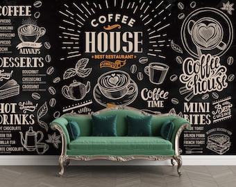 Fondo de pantalla de café de color oscuro, fondo de pantalla de café personalizable, mural de pared de papel tapiz de cafetería, papel tapiz extraíble