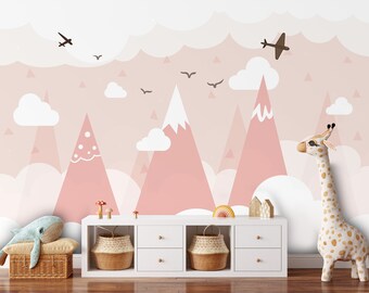 Pink Color Mountain Nursery Wall Mural Birds Wallpaper Peel and Stick Removable Self Adhesive Kids Wallpaper Child Room Wallpaper