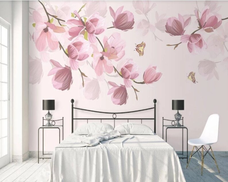 Watercolor Floral Wallpaper: Pink Flowers, Peel and Stick Wall Mural - Etsy