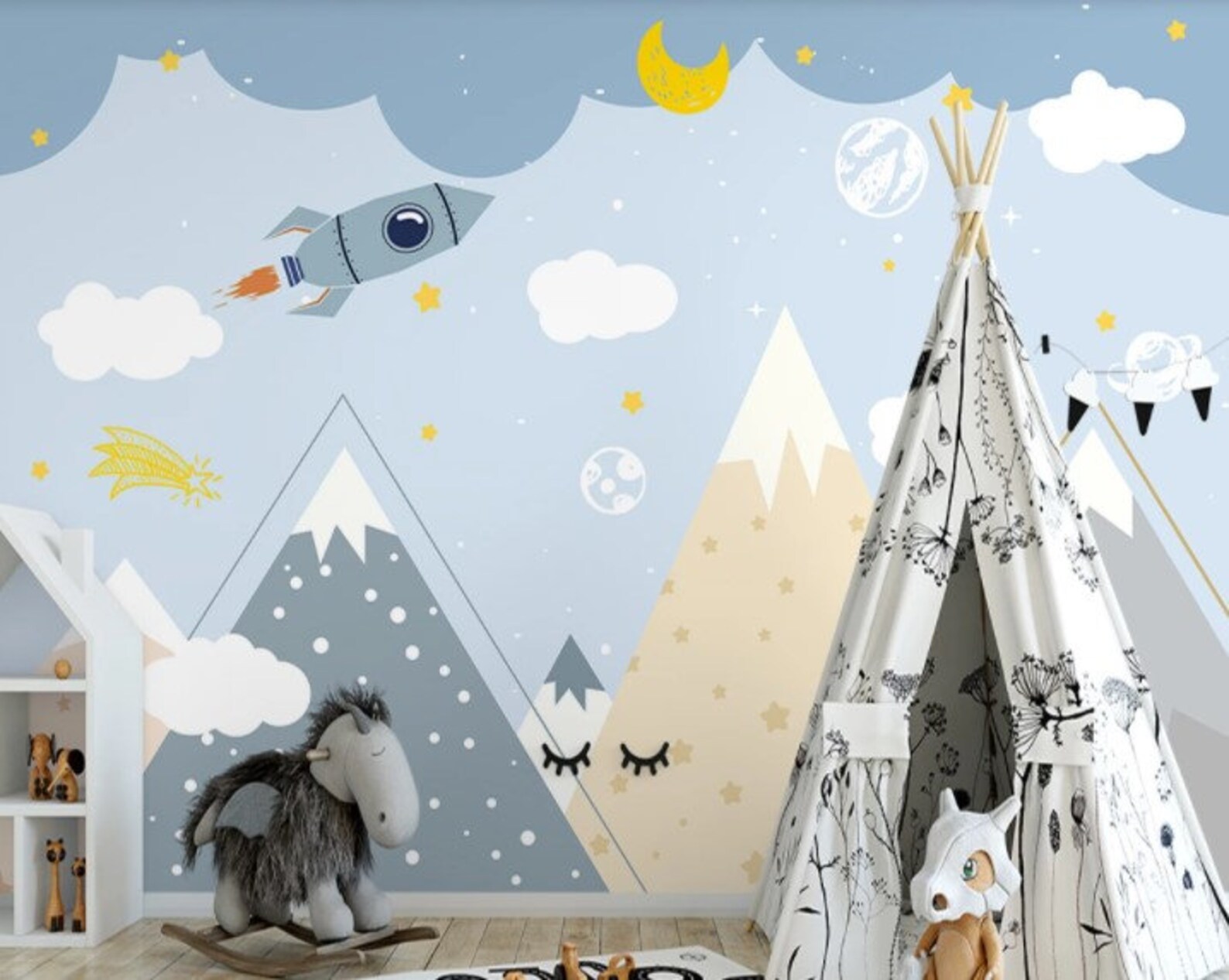 Space & Mountain Nursery Wallpaper Mural- Peel and Stick Kids Room ...