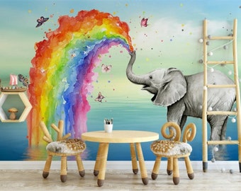 Cute Elephant Watercolor Nursery Wall Mural Kids Wallpaper Peel and Stick Easy Removable Self Adhesive Kids Wallpaper Child Room Wallpaper