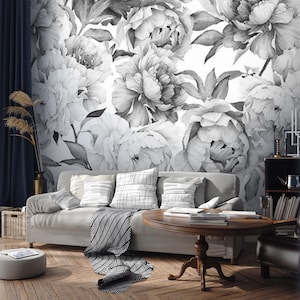 Black and White Peony Floral Wallpaper: Removable Peel and Stick Wall Mural
