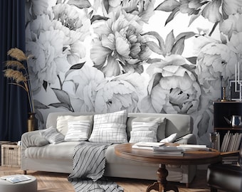 Peony Flowers Wallpaper Kids Black and White Peony Floral Wall Mural Nursery Peel and Stick Wall Art Easy Removable Pattern Wallpaper