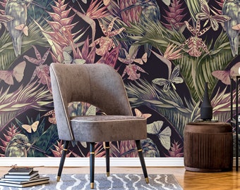 Colorful Tropical Palm Leaves Wallpaper Bird Floral Wall Mural Peel and Stick Wall Art Easy Removable Vintage Watercolor Fllowers Wallpaper