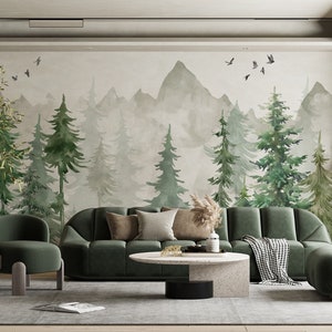 Kids Wallpaper Mountain and Trees Peel and Stick Wall Mural Self Adhesive Nursery Wall Art Child Room Mountain Decor Forest Decal image 5