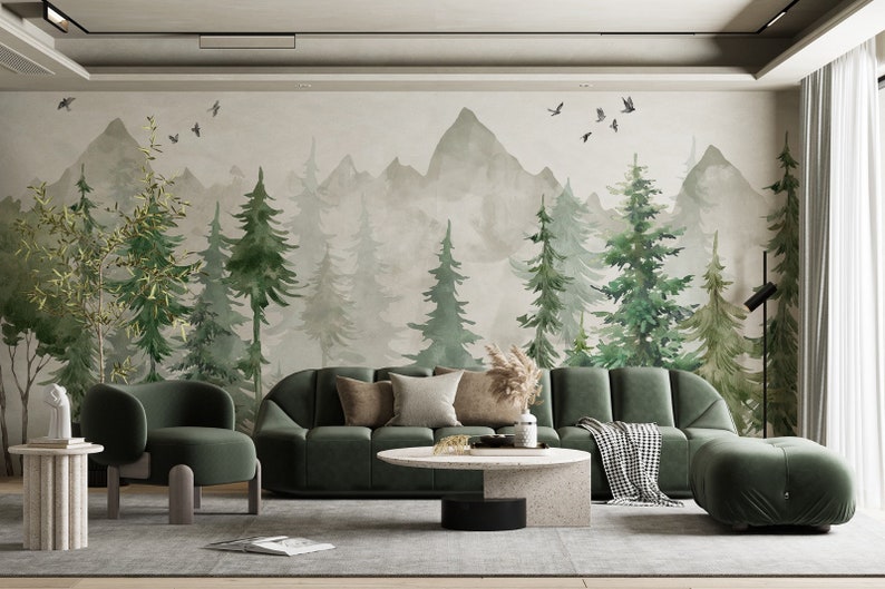 Kids Wallpaper Mountain and Trees Peel and Stick Wall Mural Self Adhesive Nursery Wall Art Child Room Mountain Decor Forest Decal image 5